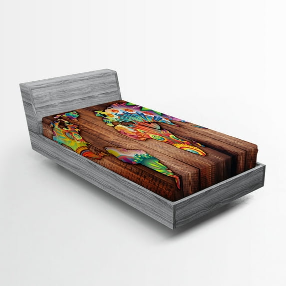 Ambesonne Boho Fitted Sheet, Map on Plank, Twin Size, Multicolor