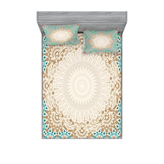 Ambesonne Boho Fitted Sheet & Pillow Sham Set, Antique Floral Mosaic Form, King, Multicolor