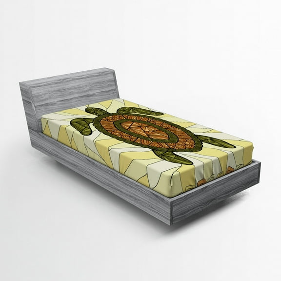 Ambesonne Boho Fitted Sheet, Turtle Zentangle Art, Twin XL Size, Yellow Green Brown