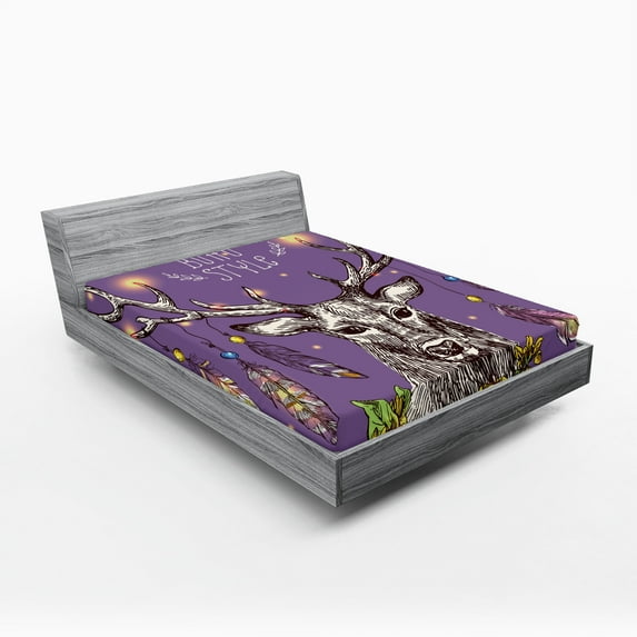 Ambesonne Boho Fitted Sheet, Wild Rein Deer Hand Drawn, Full Size, Purple