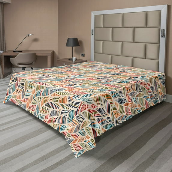 Ambesonne Boho Flat Sheet, Abstract Feather Wave, King Size, Multicolor