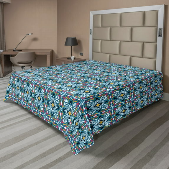 Ambesonne Boho Flat Sheet, Azulejo Style Floral Tile Art, King Size, Sky Blue Multicolor