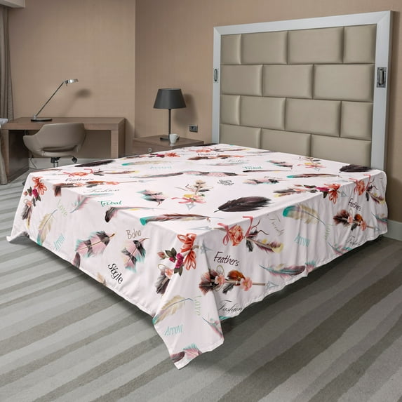 Ambesonne Boho Flat Sheet, Fashion Feathers, California King, Multicolor