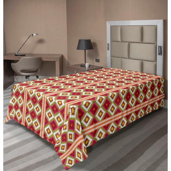 Ambesonne Boho Flat Sheet, Oriental Turkish Geometric, Twin Size, Vermilion and Multicolor