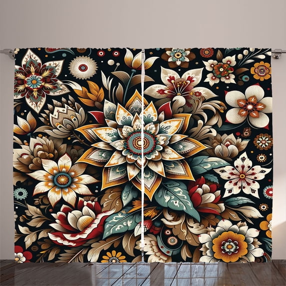 Ambesonne Boho Floral Curtains 2 Panel Set, Traditional Folk Garden, 108" x 96", Black Sepia and Orange