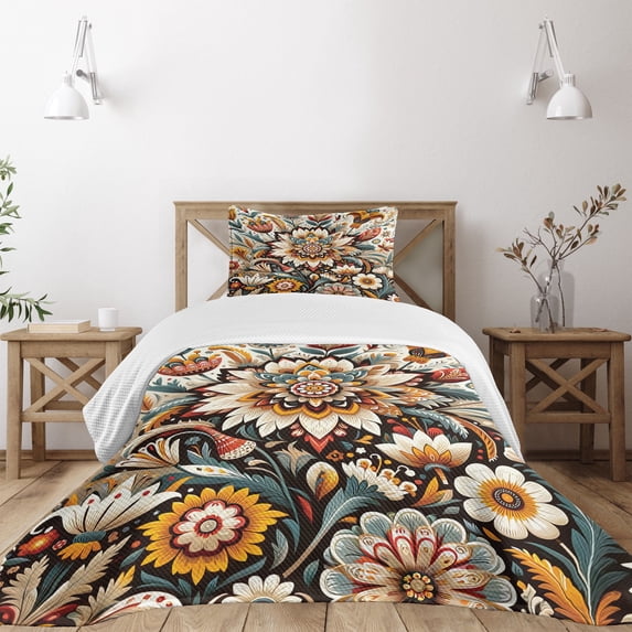Ambesonne Boho Floral Quilted Bedspread Set 2 Pcs, Flowering Leafy Motifs, Twin Size, Cadet Blue Orange Tan