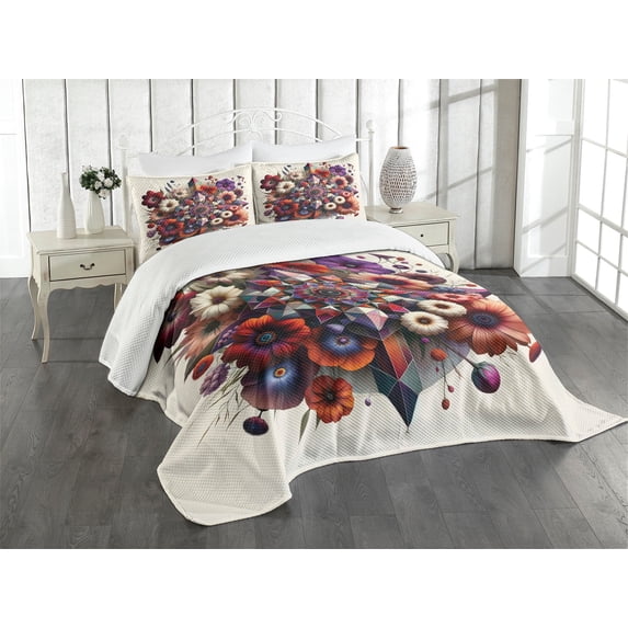 Ambesonne Boho Floral Quilted Bedspread Set 3 Pcs, Psychedelic Flowering, Queen Size, Eggshell Dark Pink Violet