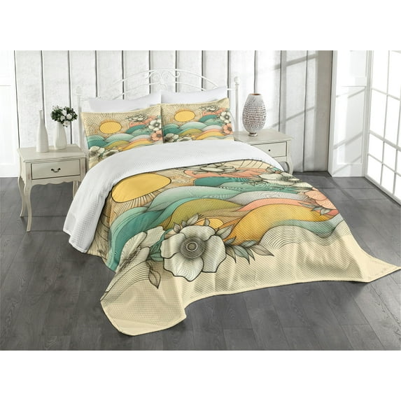 Ambesonne Boho Floral Quilted Bedspread Set 3 Pcs, Sunny Mid Century Waves, Queen Size, Mustard Seafoam Champagne