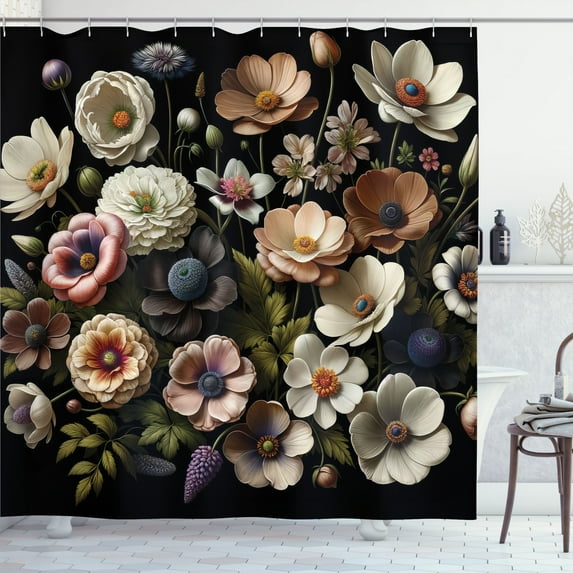 Ambesonne Boho Floral Shower Curtain, Night Flowers Huddle, 69"Wx84"L, Olive Green Ivory Coral