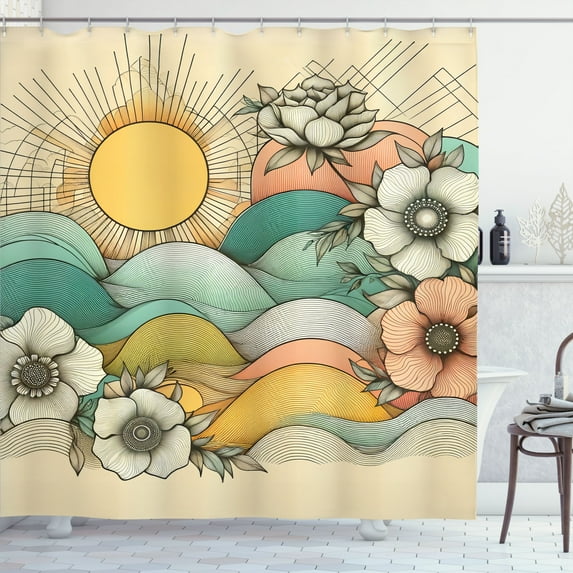 Ambesonne Boho Floral Shower Curtain, Sunny Mid Century Waves, 69"Wx75"L, Mustard Seafoam Champagne
