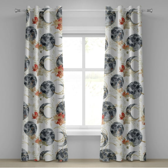 Ambesonne Boho Grommet Curtain, Bohemian Crescent Moon Flowers, 50"x96", Dark Blue Grey Amber