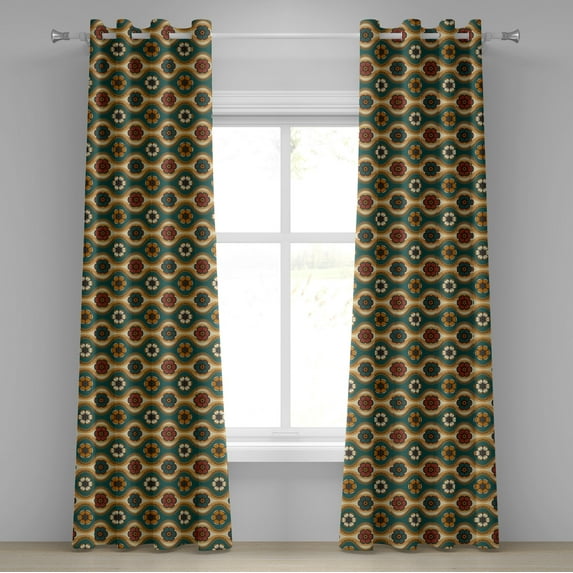 Ambesonne Boho Grommet Curtain, Hippie Flowers Wavy Lines Boho, 50"x84", Teal Pale Coffee and Cinnamon