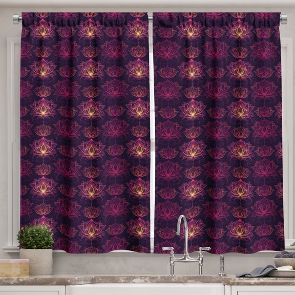 Ambesonne Boho Kitchen Curtains, Lotus Flowers Bohemian Print, 55"x45", Magenta Hot Pink