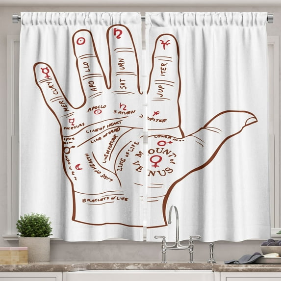 Ambesonne Boho Kitchen Curtains, Palm Reading Hand Drawing Art, 55"x45", White Redwood Ruby