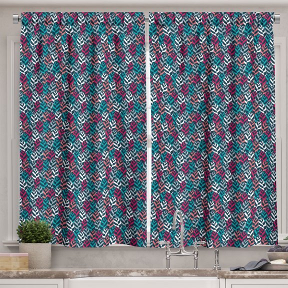 Ambesonne Boho Kitchen Curtains, Tropical Leaves Colorful Lines, 55"x24", Magenta and Sea Blue