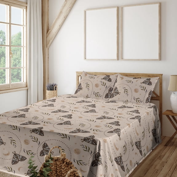 Ambesonne Boho Moth Fitted & Flat Sheet with Shams 4 Pcs Set, Moon Wingy Animal Pattern, Full, Pale Mustard Chocolate