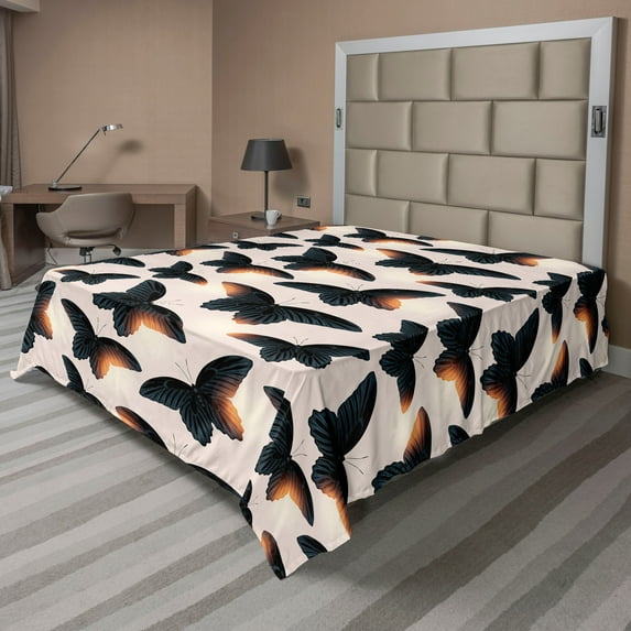 Ambesonne Boho Nature Flat Bedding Sheet Soft Top Sheet, Dawn Moth Wings Print, California King, Rose Dark Petrol Blue