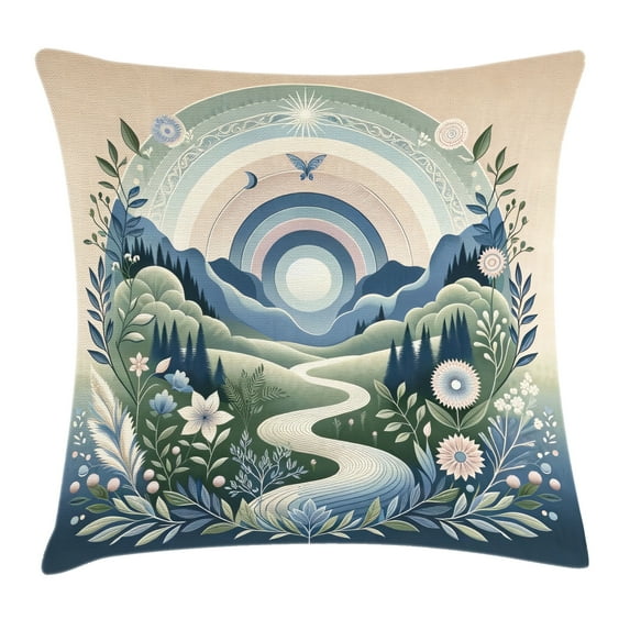 Ambesonne Boho Nature Throw Pillow Cushion Cover, Mountains Flowers Path, 18" X 18", Slate Blue Reseda Green