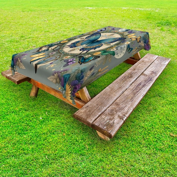 Ambesonne Boho Outdoor Tablecloth, Sunflower Moon Moth Witchy Art, 58"x104", Cadet Blue Blue Grey
