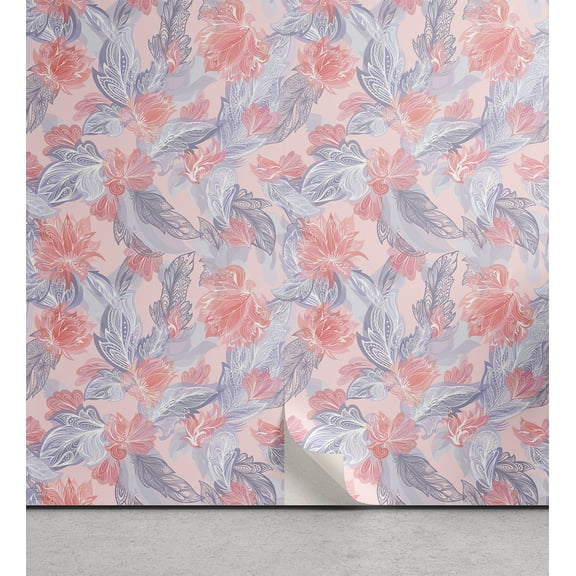 Ambesonne Boho Peel & Stick Wallpaper for Home, Feathers Flowers Floral Plot, 13"x72", Pastel Pink and Ceil Blue