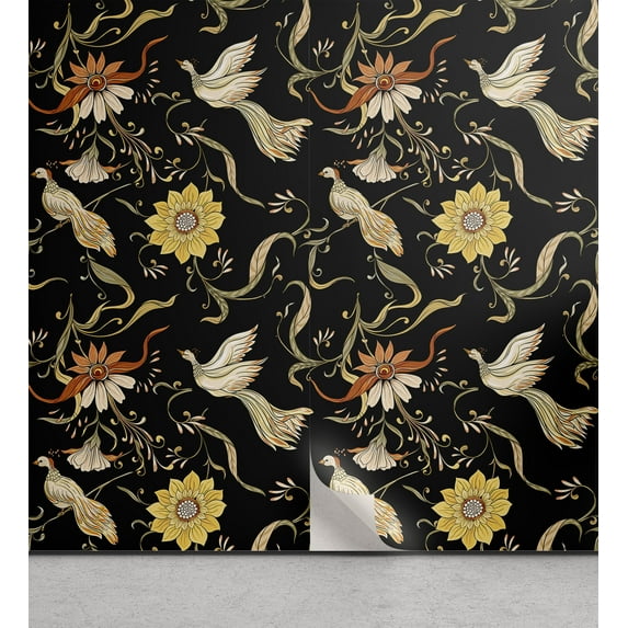 Ambesonne Boho Peel & Stick Wallpaper for Home, Folk Art Ornaments Crane Birds, 13"x72", Charcoal Grey Beige