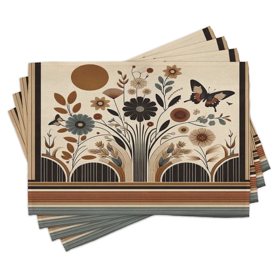 Ambesonne Boho Place Mats Set of 4, Mid Century Curving Lines Leaf, Standard Size, Beige Pale Caramel Grey