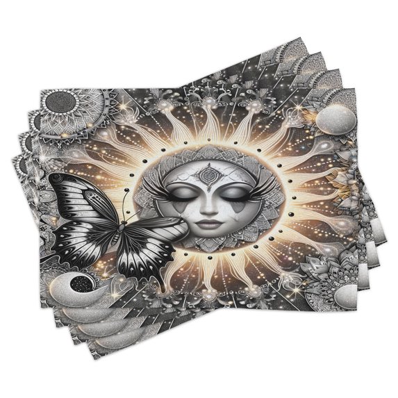 Ambesonne Boho Place Mats Set of 4, Oriental Woman Moon Butterfly, Standard Size, Pale Grey Champagne