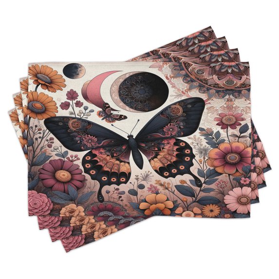 Ambesonne Boho Place Mats Set of 4, Witch Floral Garden Moon Wings, Standard Size, Blush Dark Slate Blue