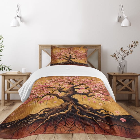Ambesonne Boho Quilted Bedspread Set 2 Pcs, Blushy Sakura Fantasy Tree, Twin Size, Soft Pink Pale Vermilion