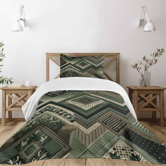 Ambesonne Boho Quilted Bedspread Set 2 Pcs, Modern Chevron Floral Dot Ikat, Twin Size, Laurel Green Eggshell