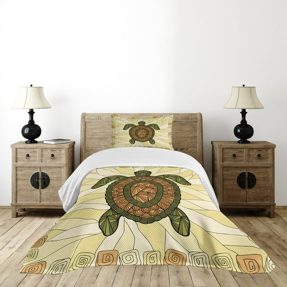 Ambesonne Boho Quilted Bedspread Set 2 Pcs, Turtle Zentangle Art, Twin Size, Yellow Green Brown
