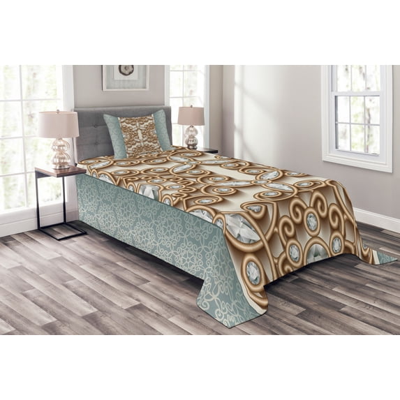 Ambesonne Boho Quilted Bedspread Set 2 Pcs, Vintage Diamonds Retro, Twin Size, Teal and Tan
