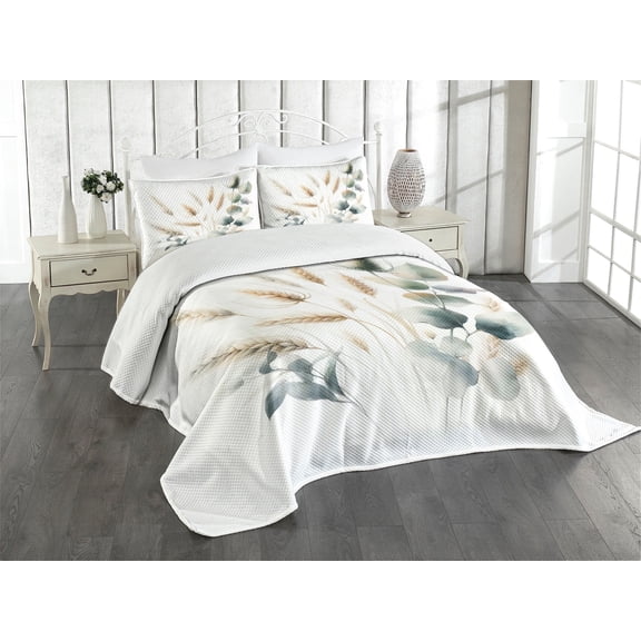 Ambesonne Boho Quilted Bedspread Set 3 Pcs, Aquarelle Wheat Eucalyptus Art, King Size, White Laurel Green Almond