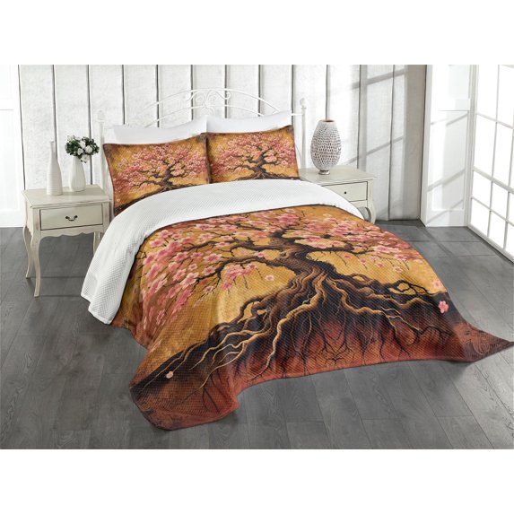 Ambesonne Boho Quilted Bedspread Set 3 Pcs, Blushy Sakura Fantasy Tree, King Size, Soft Pink Pale Vermilion