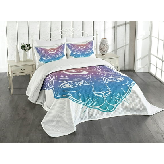 Ambesonne Boho Quilted Bedspread Set 3 Pcs, Cat Head Moon and Star, King Size, Blue Violet Cinnamon