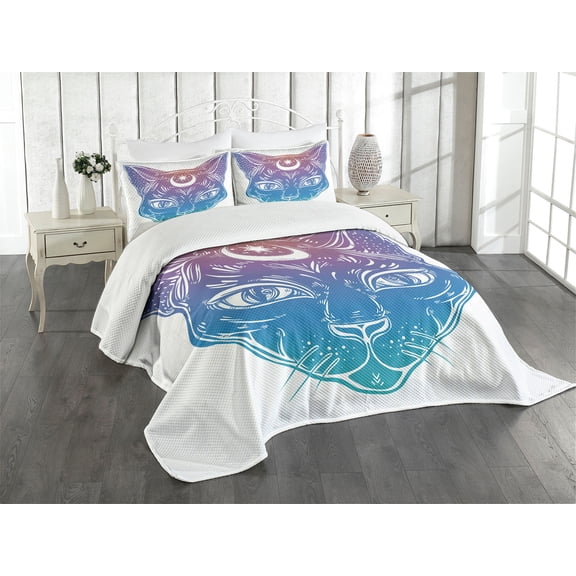 Ambesonne Boho Quilted Bedspread Set 3 Pcs, Cat Head Moon and Star, King Size, Blue Violet Cinnamon