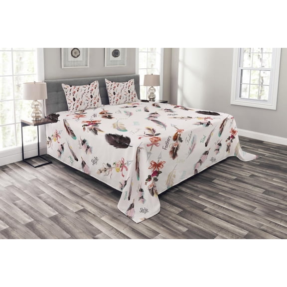 Ambesonne Boho Quilted Bedspread Set 3 Pcs, Fashion Feathers, Queen Size, Multicolor