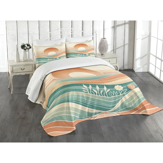 Ambesonne Boho Quilted Bedspread Set 3 Pcs, Funky Mid Century Mountains, Queen Size, Dark Salmon Seafoam Beige