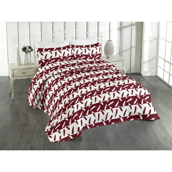 Ambesonne Boho Quilted Bedspread Set 3 Pcs, Horizontal Art Striped Pattern, Twin, Maroon and White