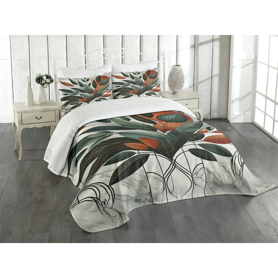 Ambesonne Boho Quilted Bedspread Set 3 Pcs, Mid Century Exotics Art Leaves, King Size, Orange Laurel Green Grey