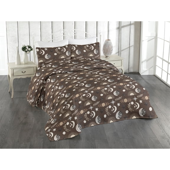 Ambesonne Boho Quilted Bedspread Set 3 Pcs, Minimal Sun Moon Scandinavian, Queen, Taupe Tan and Dark Grey