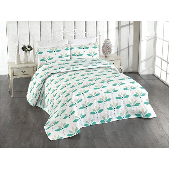 Ambesonne Boho Quilted Bedspread Set 3 Pcs, Minimnal Theme Flowers Lotus, Twin, Dark Seafoam Reseda Green