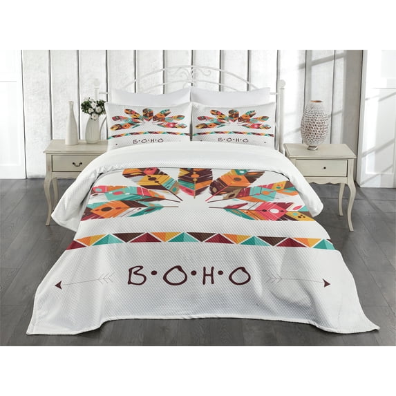 Ambesonne Boho Quilted Bedspread Set 3 Pcs, Pastel Colored Plumes, Queen Size, Multicolor