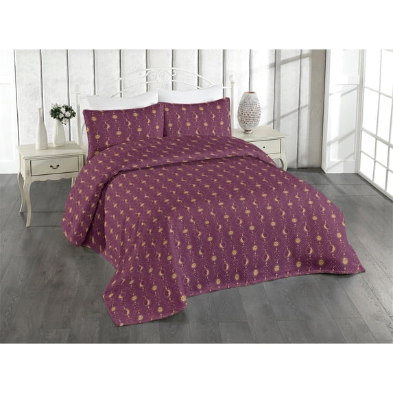 Ambesonne Boho Quilted Bedspread Set 3 Pcs, Sun and Moon Bohemian Night, Queen, Plum and Camel