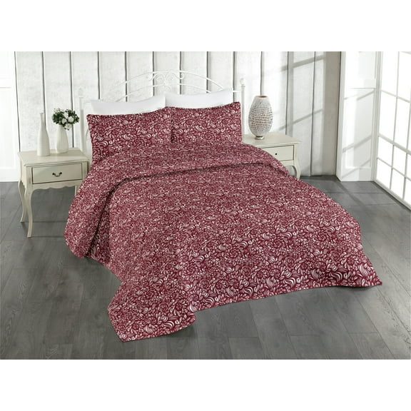 Ambesonne Boho Quilted Bedspread Set 3 Pcs, Swirly Flowers Romantic Modern, King, Maroon and White