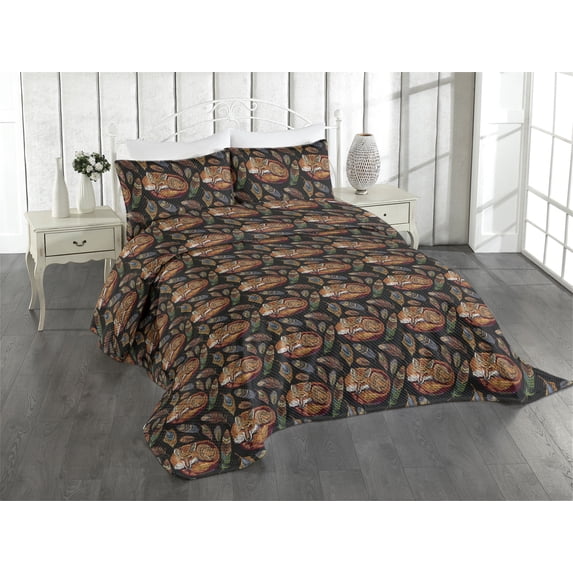 Ambesonne Boho Quilted Coverlet 2 Pcs, Bohemian Woodland Fox Modern, Twin Size, Charcoal Grey and Cinnamon