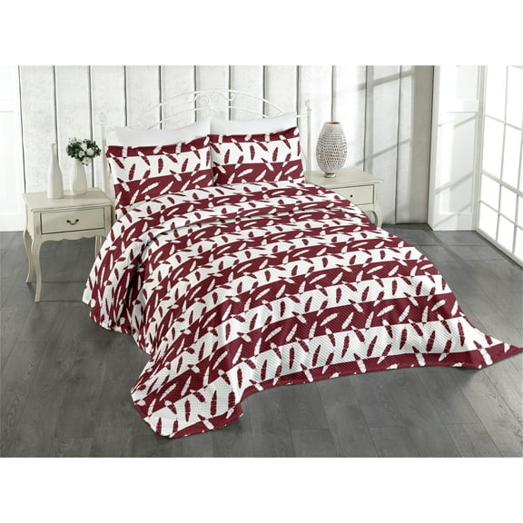 Ambesonne Boho Quilted Coverlet 2 Pcs, Horizontal Art Striped Pattern, Twin Size, Maroon and White
