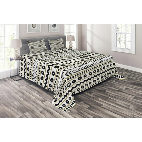 Ambesonne Boho Quilted Coverlet 3 Pcs, Abstract Prehistoric, King Size, Black Yellow