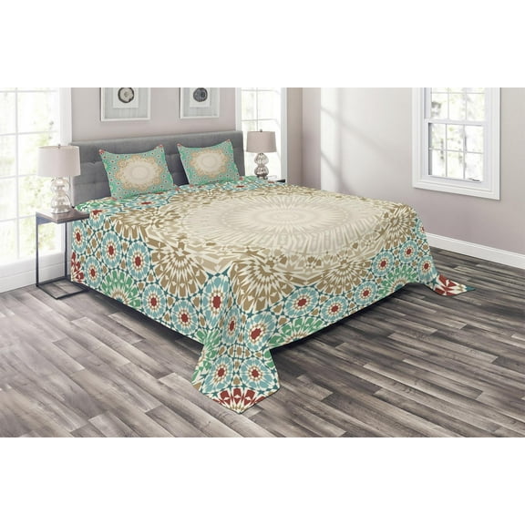 Ambesonne Boho Quilted Coverlet 3 Pcs, Antique Floral Mosaic Form, King Size, Multicolor