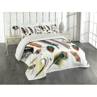 Ambesonne Boho Quilted Coverlet 3 Pcs, Bird Feather Retro Vibrant, Queen Size, Multicolor